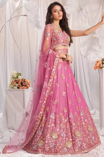 Pink Organza  Silk blend Embroidered Lehenga Choli
