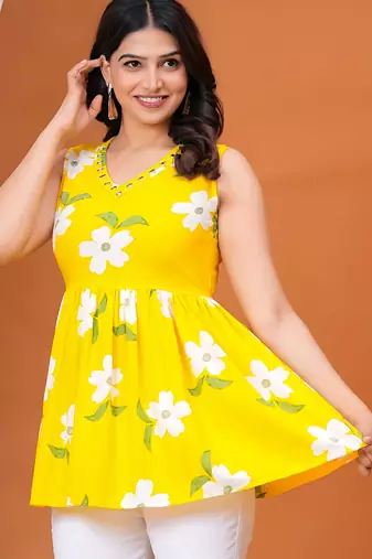 Women's rayon printed designer handprinted yellow sleeveless v neck top & tunics