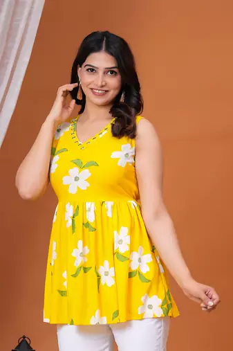 Women's rayon printed designer handprinted yellow sleeveless v neck top & tunics