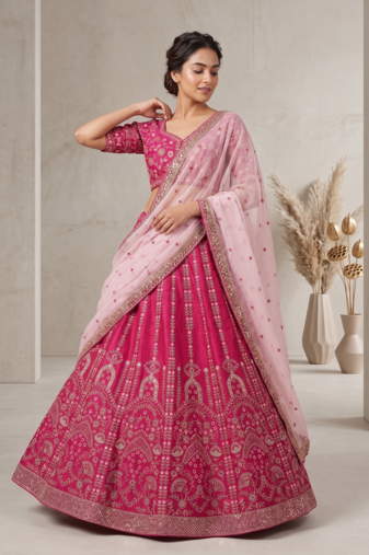 Pink Slub Silk Lehenga Set with Sequins & Dori Work