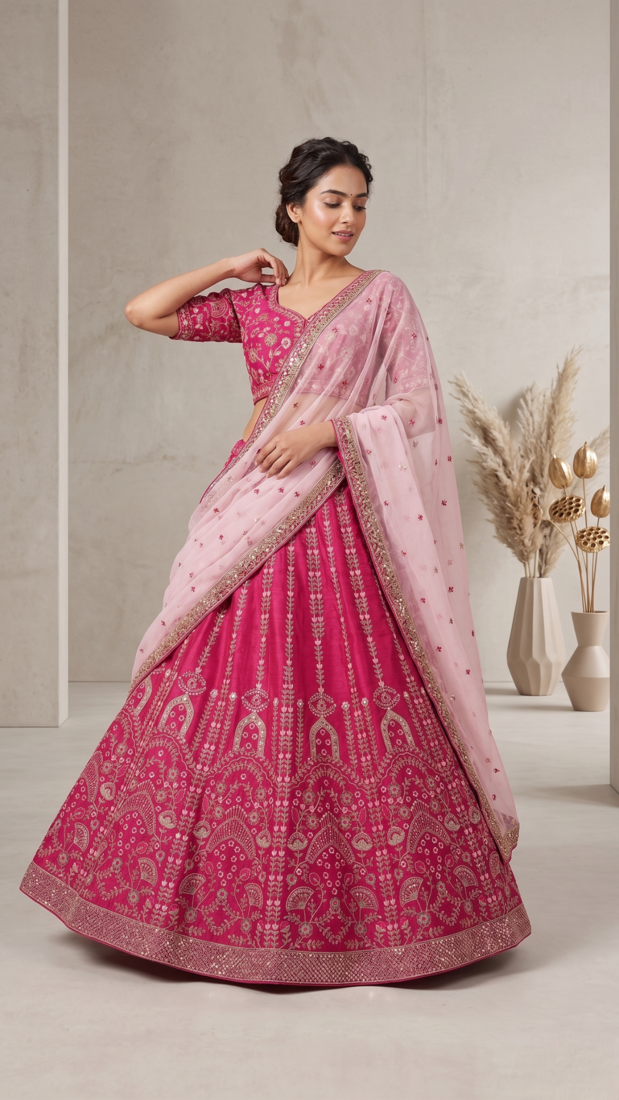 Pink Slub Silk Lehenga Set with Sequins & Dori Work