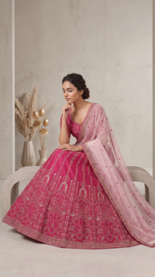 Pink Slub Silk Lehenga Set with Sequins & Dori Work 2