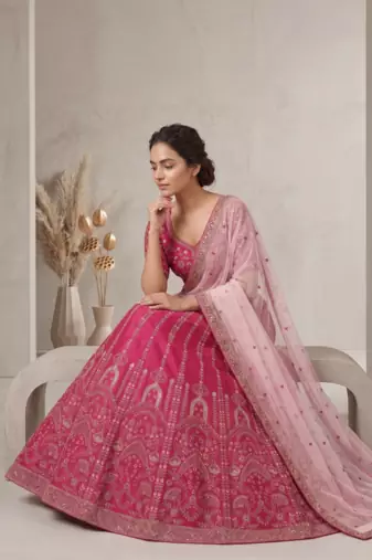Pink Slub Silk Lehenga Set with Sequins & Dori Work