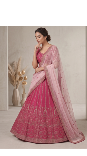 Pink Slub Silk Lehenga Set with Sequins & Dori Work 3