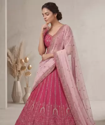 Pink Slub Silk Lehenga Set with Sequins & Dori Work