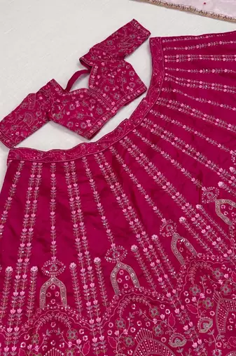 Pink Slub Silk Lehenga Set with Sequins & Dori Work