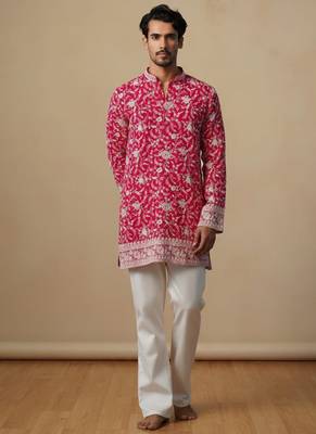 Pink multi sequin thread embroidery work silk blend kurta set for men 1