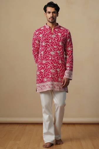 Pink multi sequence thread embroidery work silk kurta set for men