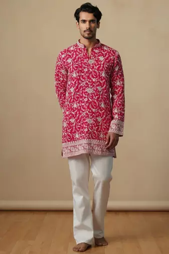Pink multi sequence thread embroidery work silk kurta set for men