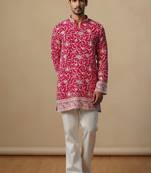 Pink multi sequence thread embroidery work silk kurta set for men