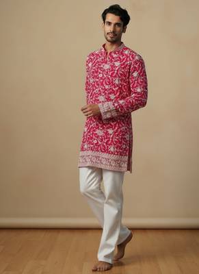 Pink multi sequin thread embroidery work silk blend kurta set for men 2