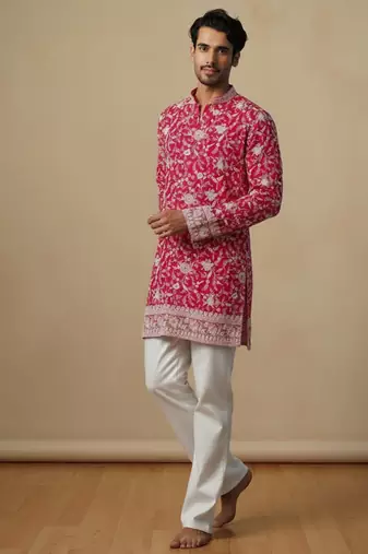 Pink multi sequence thread embroidery work silk kurta set for men
