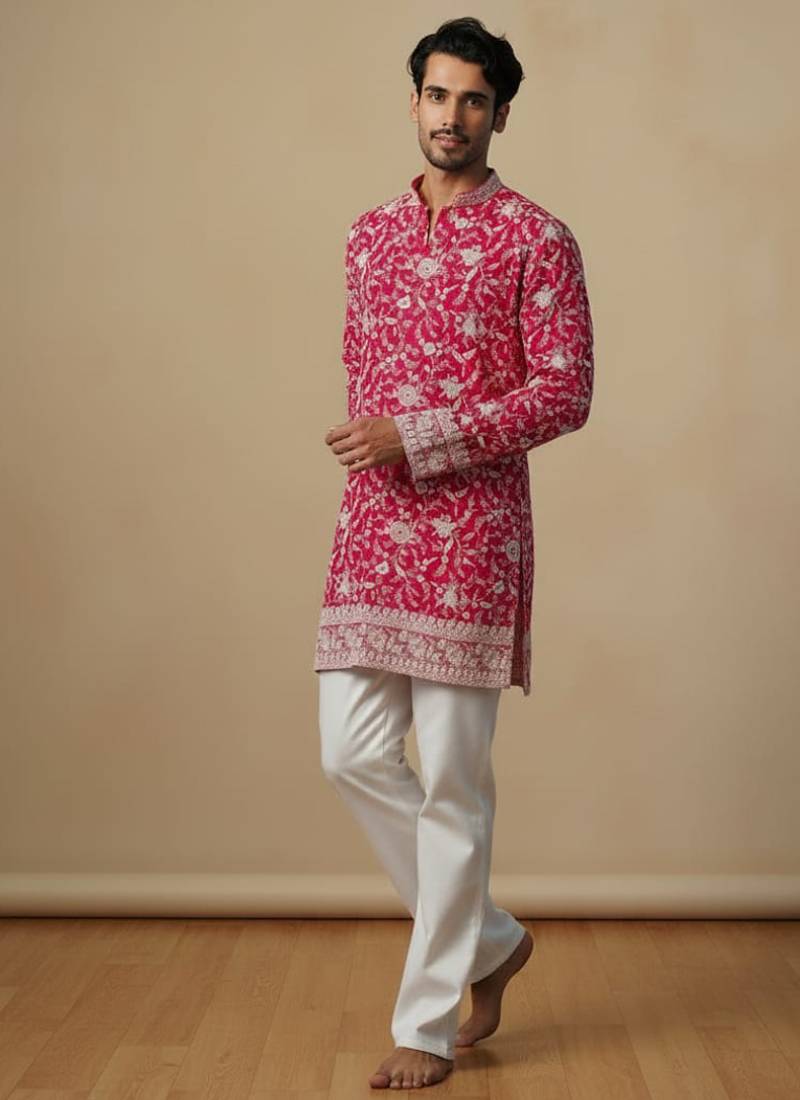 Pink multi sequence thread embroidery work silk kurta set for men