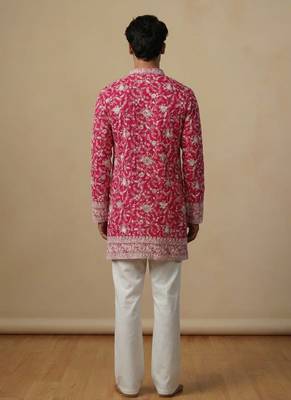 Pink multi sequin thread embroidery work silk blend kurta set for men 3
