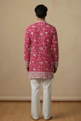 Pink multi sequence thread embroidery work silk kurta set for men