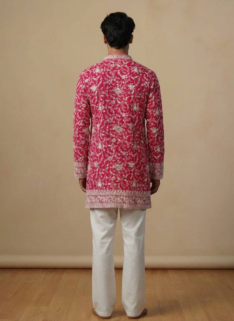 Pink multi sequence thread embroidery work silk kurta set for men