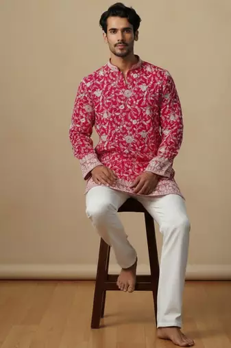 Pink multi sequence thread embroidery work silk kurta set for men