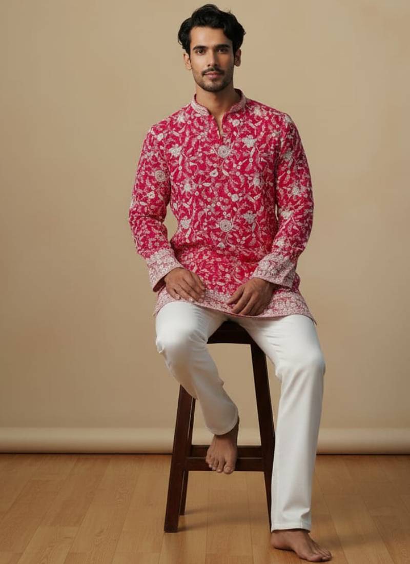 Pink multi sequence thread embroidery work silk kurta set for men