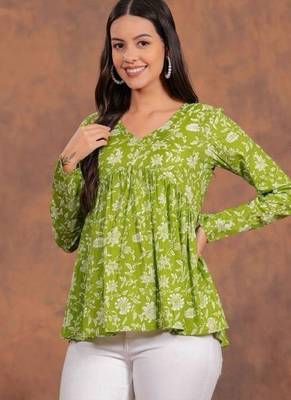 Anushil floral printed short kurti for women | cotton blend a-line tunic top | v-neck gathered top 3