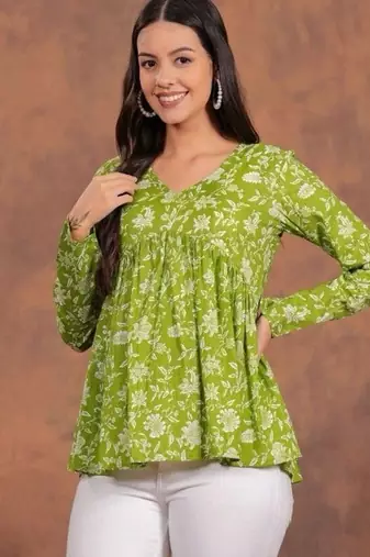 Anushil floral printed short kurti for women | cotton blend a-line tunic top | v-neck gathered top