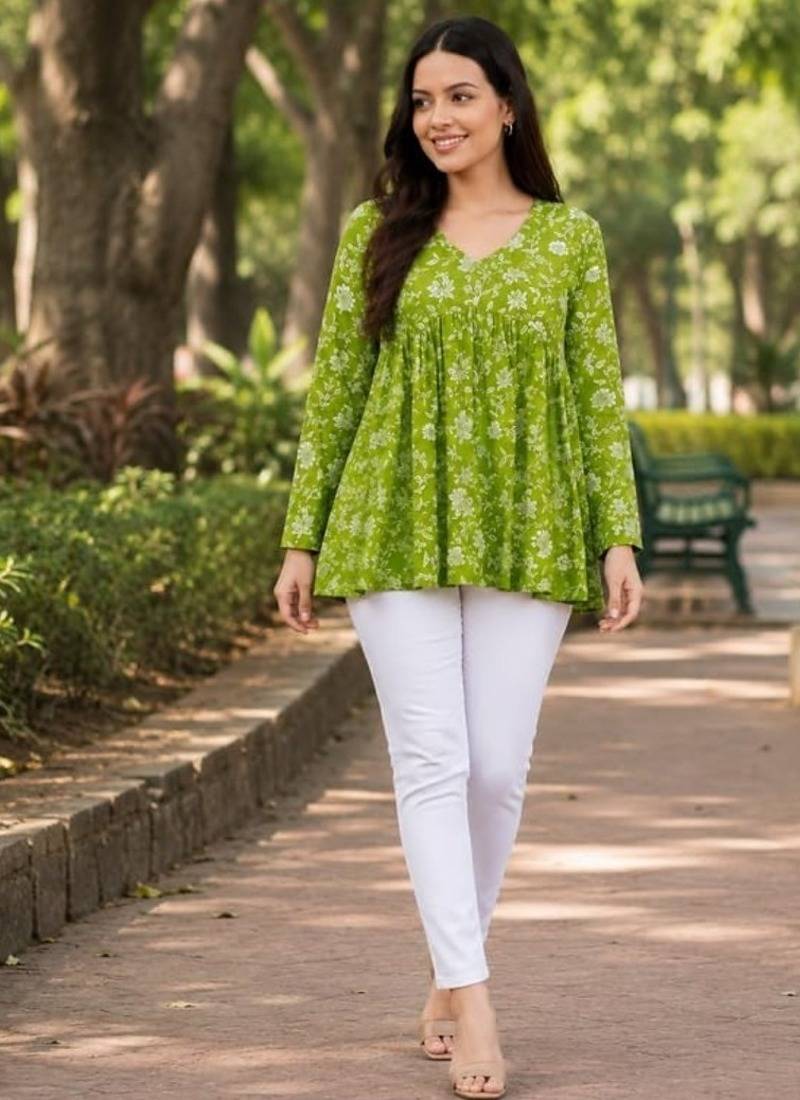 floral printed short kurti for women | cotton blend a-line tunic top
