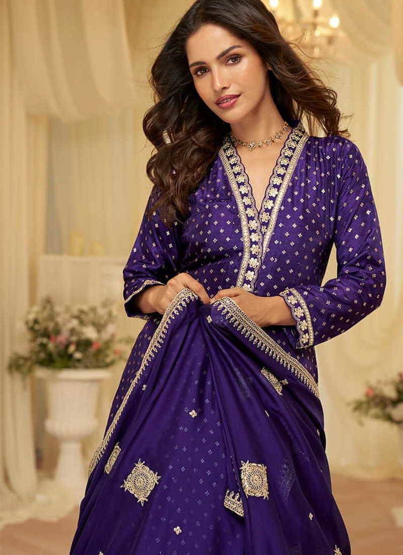 Purple faux viscose jacquard silk with embroidery work anarkali suit free size stitched 42