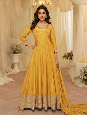 Mustard faux viscose jacquard silk with embroidery work anarkali suit free size stitched 42 1