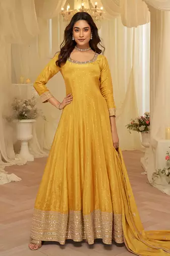 Mustard faux viscose jacquard silk with embroidery work anarkali suit free size stitched 42