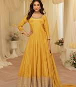 Mustard faux viscose jacquard silk with embroidery work anarkali suit free size stitched 42