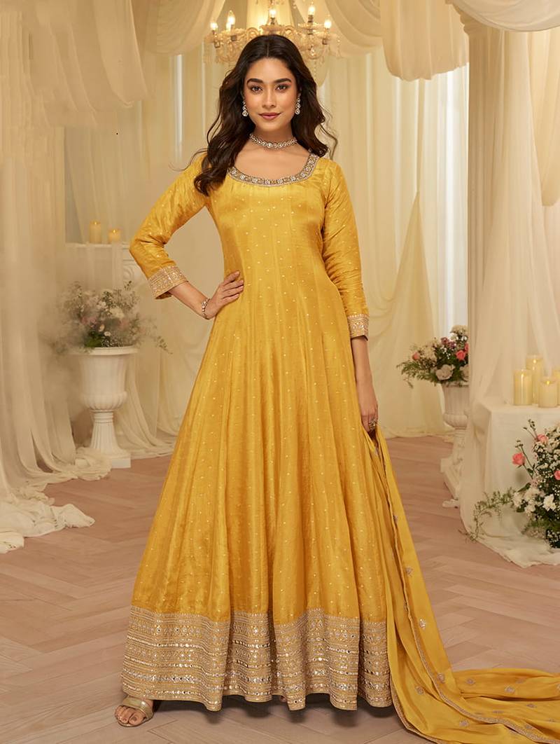 Mustard faux viscose jacquard silk with embroidery work anarkali suit free size stitched 42