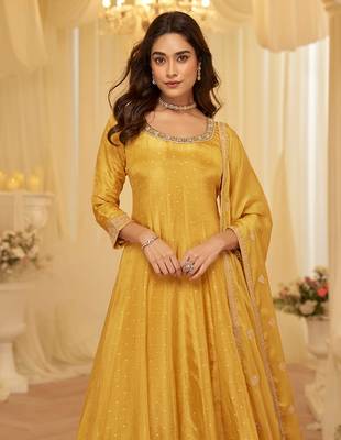 Mustard faux viscose jacquard silk with embroidery work anarkali suit free size stitched 42 2