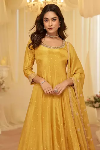 Mustard faux viscose jacquard silk with embroidery work anarkali suit free size stitched 42