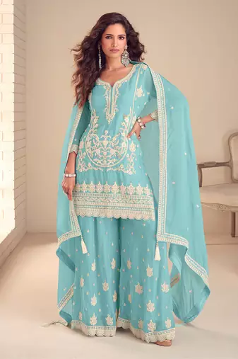 Faux chinon embroidered salwar suit in sky blue - free size stitched 42
