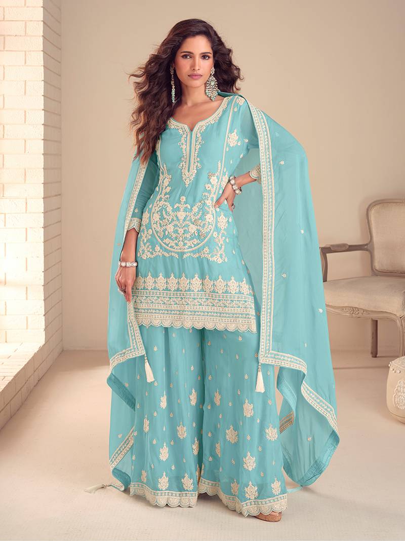 Faux chinon embroidered salwar suit in sky blue - free size stitched 42