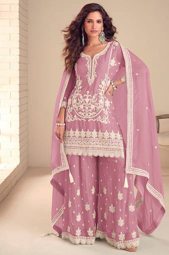 Faux chinon embroidered salwar suit in light pink - free size stitched 42
