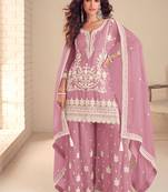 Faux chinon embroidered salwar suit in light pink - free size stitched 42