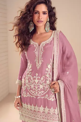 Faux chinon embroidered salwar suit in light pink - free size stitched 42