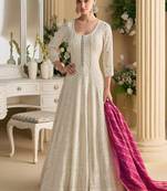 Off white chikankari embroidered faux georgette anarkali gown free size stitched 42