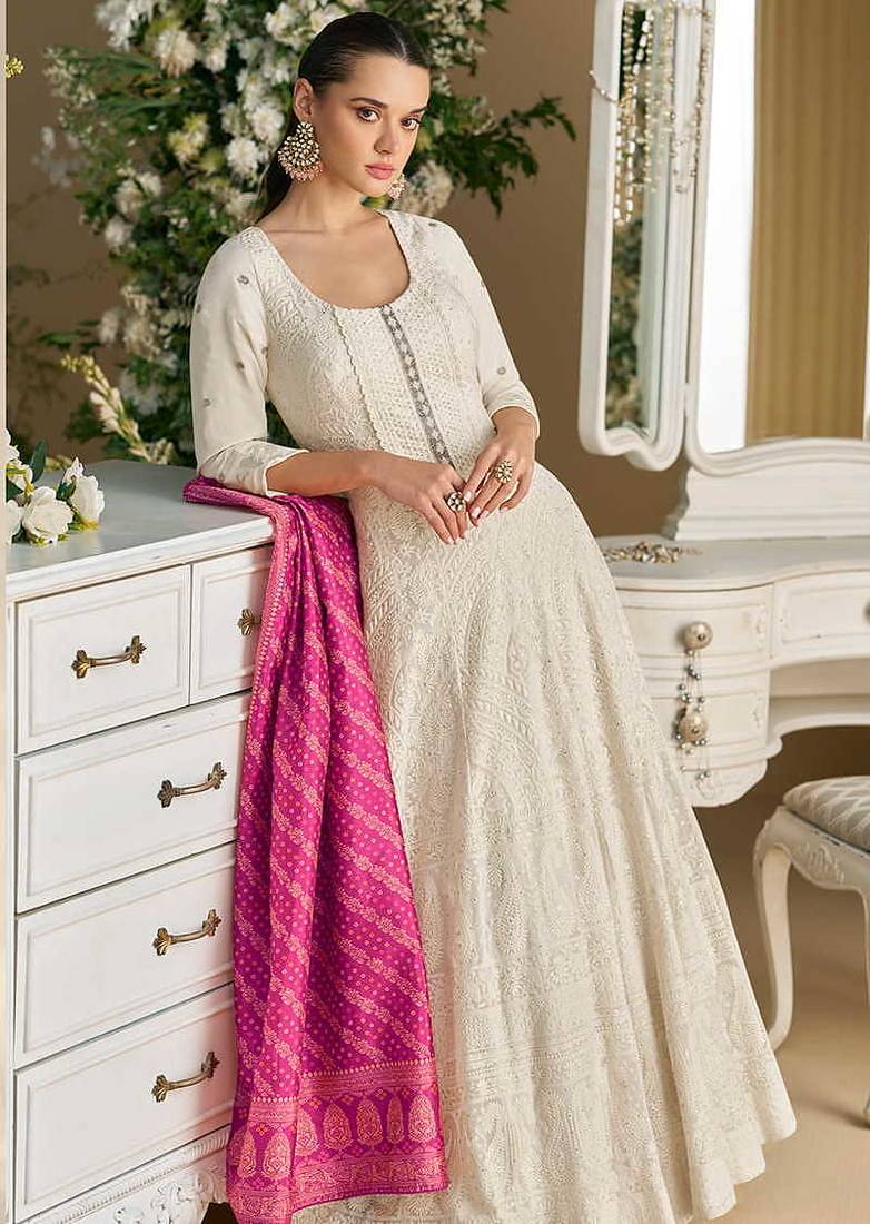 Off white chikankari embroidered faux georgette anarkali gown free size stitched 42