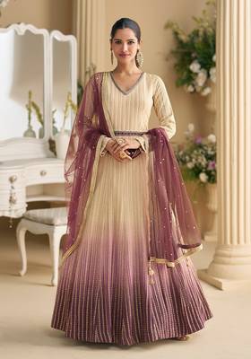 Cream & wine chikankari embroidered faux georgette anarkali gown free size stitched 42 1