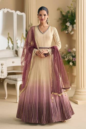Cream & wine chikankari embroidered faux georgette anarkali gown free size stitched 42