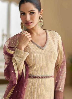 Cream & wine chikankari embroidered faux georgette anarkali gown free size stitched 42 2