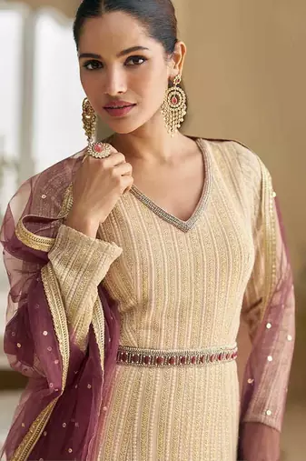 Cream & wine chikankari embroidered faux georgette anarkali gown free size stitched 42