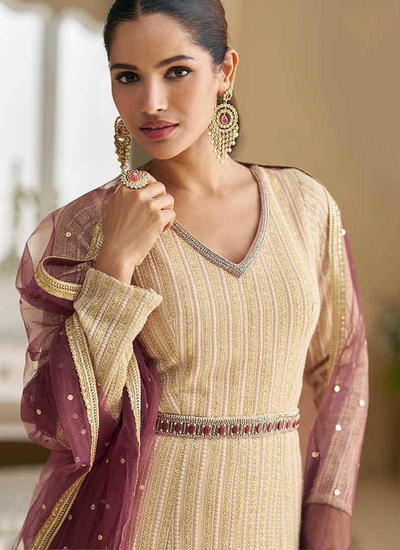Cream & wine chikankari embroidered faux georgette anarkali gown free size stitched 42