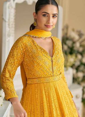 Yellow chikankari embroidered faux georgette anarkali gown free size stitched 42 2