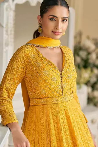 Yellow chikankari embroidered faux georgette anarkali gown free size stitched 42