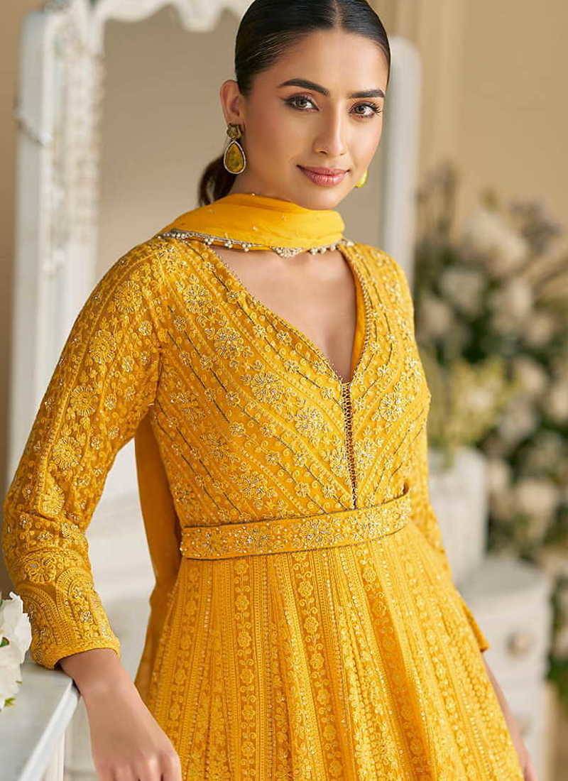 Yellow chikankari embroidered faux georgette anarkali gown free size stitched 42