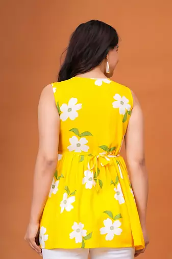Women's rayon printed designer handprinted yellow sleeveless v neck top & tunics