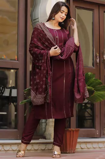 wine rayon hand_woven kurta sets