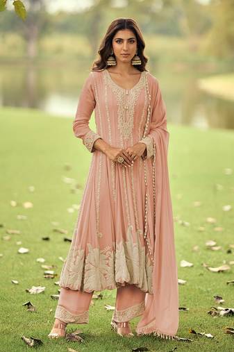 Peach embroidered faux georgette anarkali suit free size stitched 42